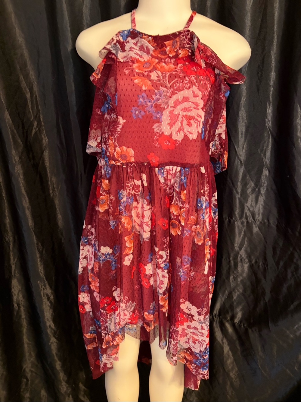 Bonnie Jean Burgundy Floral Cold-Shoulder Dress